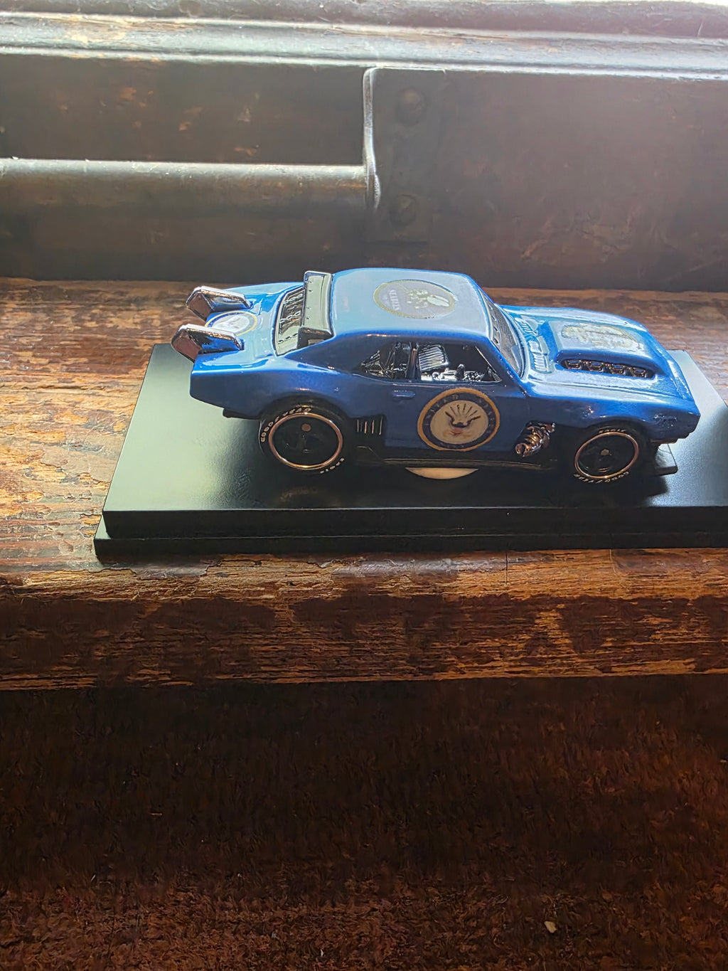 Custom Hot Wheels Camaro – Navy Blue Livery, Rubber Wheels & Acrylic Display Case