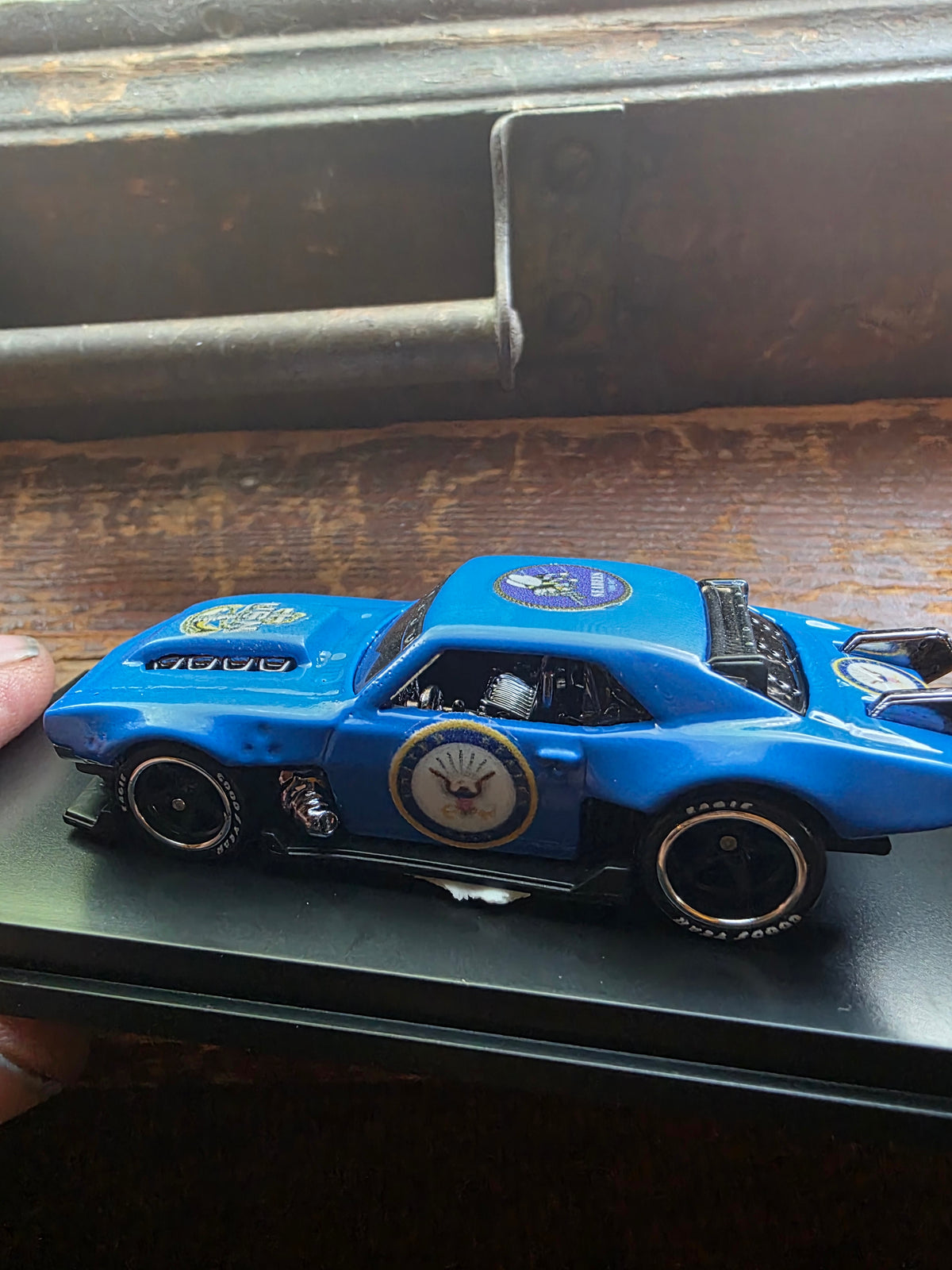 Custom Hot Wheels Camaro – Navy Blue Livery, Rubber Wheels & Acrylic Display Case
